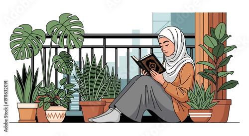 Muslim woman reading Quran on balcony surrounded by potted plants
