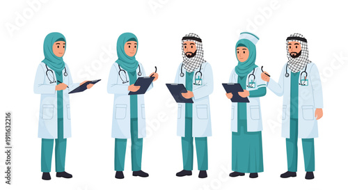 Arab Healthcare Team: Middle Eastern Doctors and Nurses in Hijab and Ghutra Holding Clipboards. Professional Medical Staff Vector Illustration.