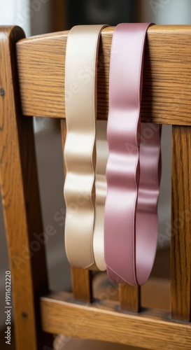 Smooth satin ribbons draped over the wooden backrest of a chair display contrasting colors.