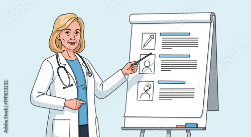 Senior Female Doctor Presenting Medical Data on Flip Chart. Healthcare Professional Giving Educational Training or Consultation. Vector Illustration.