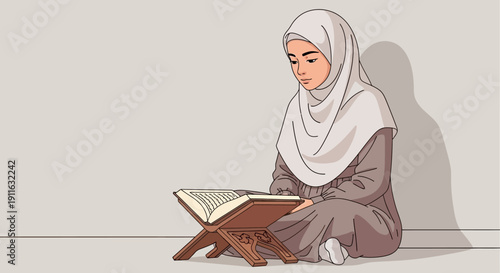 Young Muslim girl in hijab reading the Quran on a wooden stand