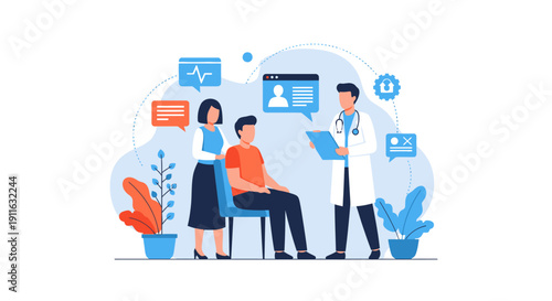 Doctor Consultation with Patient and Family Member. Healthcare Dialogue, Medical Diagnosis Discussion, and Digital Health Records Flat Illustration.