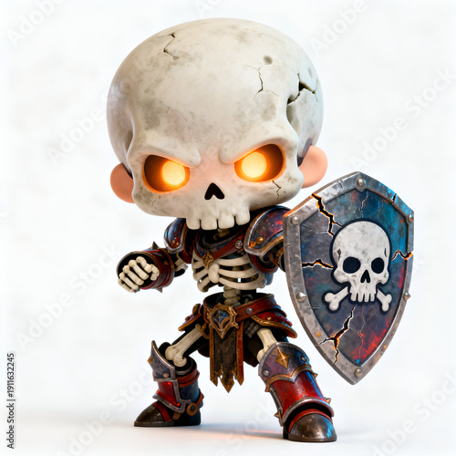 skeleton guard, cracked shield with skull symbol, defensive stance, glowing eyes