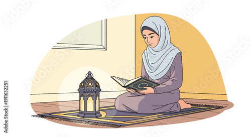 Young Muslim girl in hijab reading Quran on prayer mat with lantern, illustration