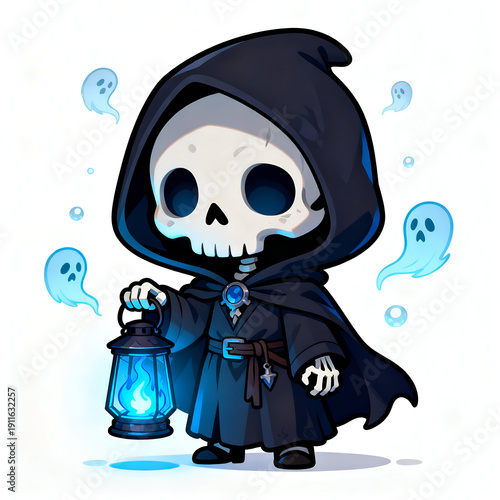 skeleton soul collector, dark hooded robe, holding lantern with blue ghost flame