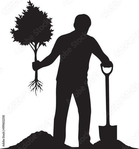 Gardener holding sapling and shovel vector silhouette illustration for tree planting day