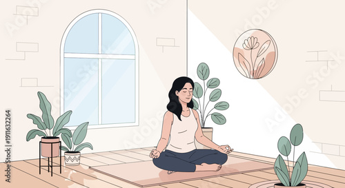 Woman Meditating in Lotus Pose at Home, Zen and Peaceful Atmosphere