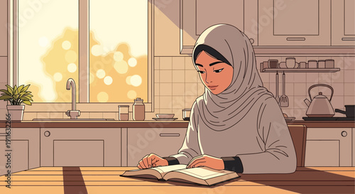 Young Muslim woman in hijab reading book at home kitchen table, natural light