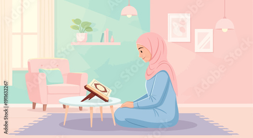 Muslim Woman Wearing Hijab Reading Quran at Home
