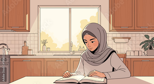 Young Muslim woman in hijab reading book at home kitchen table, natural light