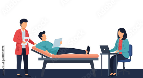 Patient Medical Check-up Illustration: Doctor Consults Patient Lying on Examination Couch While Administrator Manages Records on Laptop
