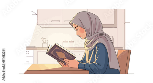 Young Muslim woman in hijab reading book at home, focused and serene