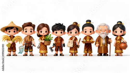 male and female villagers, different occupations and outfits, traditional Thai clothing, earth tone fabrics with subtle gold details, simple but authentic Thai patterns, warm and friendly expressions