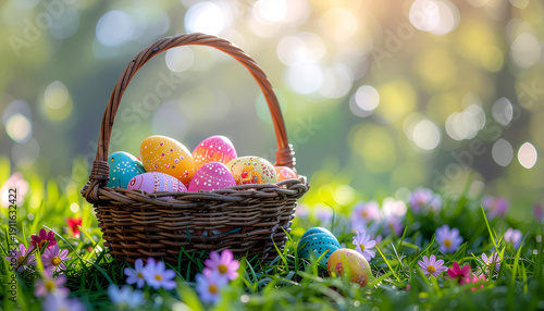 Wicker Basket Full of Colorful Easter Eggs 1.