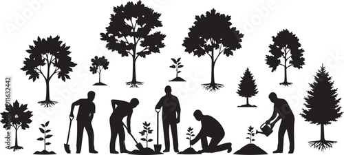 People planting trees vector silhouette illustration line art set on transparent background