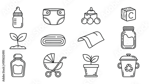 Baby Care Icons: A collection of simple, yet elegant outline icons represents the essentials for infant care and nurturing, evoking themes of life's beginnings and maternal bond.