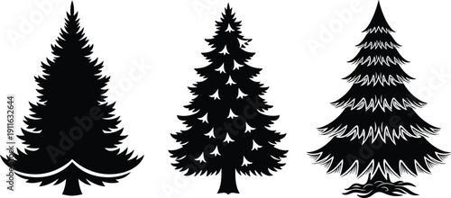 Stylized evergreen tree silhouettes, decorative pine forest vector illustration, seasonal winter nature artwork, holiday design elements for festive themes
