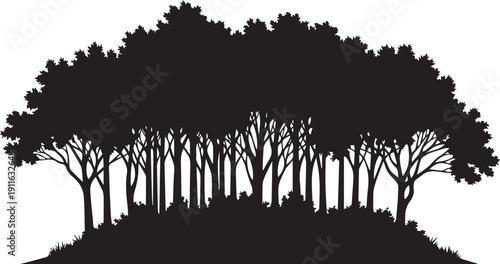Wide forest landscape vector silhouette illustration with dense foliage and tall treetops