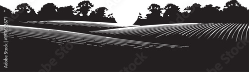Woodcut style black and white illustration of rolling farm fields with tree line silhouette