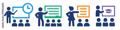 Education and presentation icons showing teacher instructing students in classroom setting