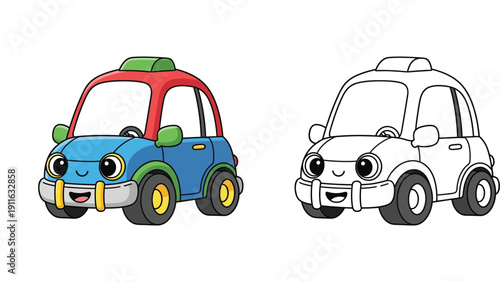 Cute cartoon car character vector illustration set featuring a colorful blue vehicle and a black and white outline version suitable for kids coloring books or educational pages.