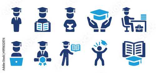 Education icons set graduation caps students books and study related symbols