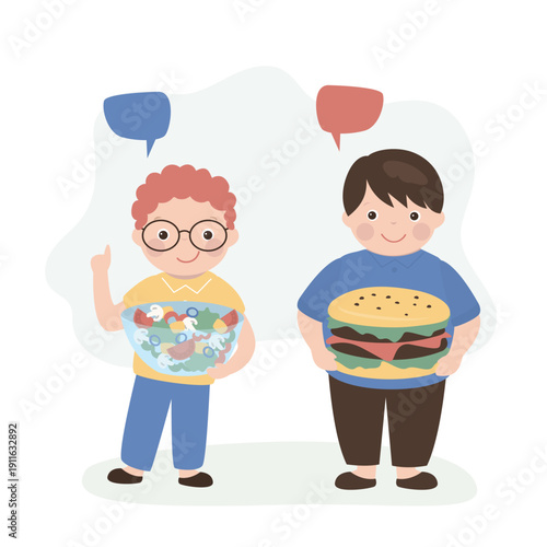 Chubby children holding junk food. Fat smiling boys dream of fast food and unhealthy sweets. Childhood obesity, bad habits. Little kids eat hamburger and candy.