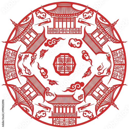 Red Chinese ornament png Circular papercut design cutout Auspicious cloud mandala png Traditional pagoda pattern cutout Oriental temple isolated transparent background image