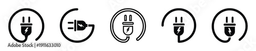 Electric plug icons with lightning bolt and circular power cord symbol