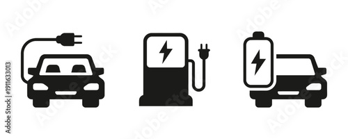 Electric car charging symbols with car, charging station, and battery icons