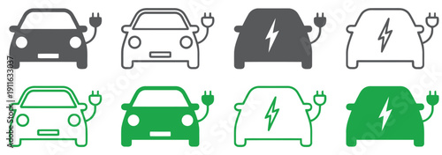 Electric car charging icons in various styles and colors, representing EV technology