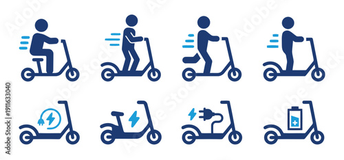 Electric scooter icons showing riding charging and battery options clean vector set