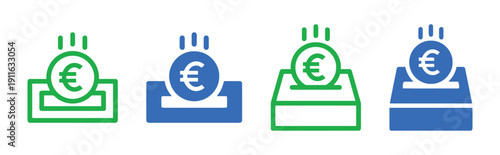 Euro coin in donation box icons in green and blue for charity and finance concepts