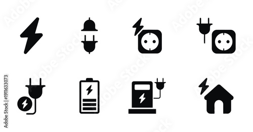 Electricity and power icons: lightning bolt, plugs, outlets, battery, charger