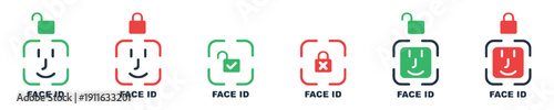 Face id recognition technology icons with locked and unlocked symbols