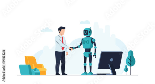 AI Robot Shaking Hands with Human Businessman: Partnership, Future of Work, and Digital Transformation Concept