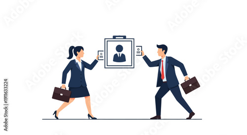 Professional Job Search and Recruitment Illustration. Businesspeople exchanging resumes, looking for career opportunities or hiring qualified candidates.
