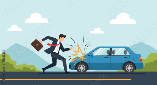 Businessman Pedestrian Accident: Man Running Into Car Collision Illustration, Depicting Traffic Hazard, Injury Claim, and Road Safety Issues.