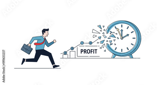 Businessman Running Fast on Rising Profit Graph, Smashing Clock in Race Against Time | Business Acceleration and Success Concept