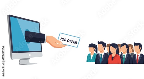 Online Job Offer Vector Illustration. Hand emerges from computer monitor to give an employment contract to a line of professional candidates. Digital hiring concept.