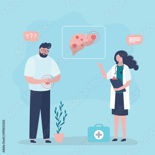 Hepatitis, medical concept. Female doctor showing infected liver of her patient while standing in the hospital. Doctor diagnosis and sick man with liver illness