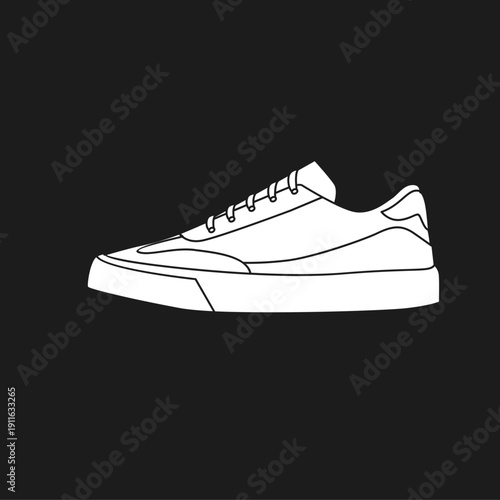 White Outline Vector Illustration of a Modern Casual Sneaker Shoe with Laces on a Black Background, Side View.
