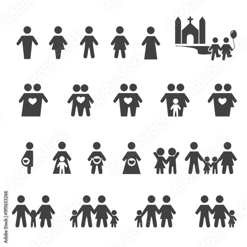 Family icons set human figures and relationship symbols diverse family groups including couples parents and children