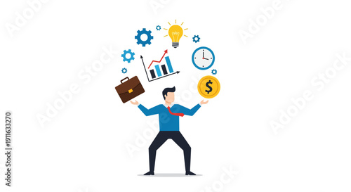 Businessman Balancing Business Concepts: Multitasking, Time Management, Finance, Growth Strategy, and Ideas.