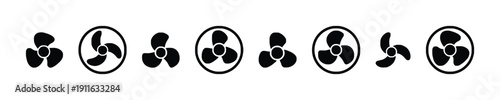 Fan blade icons in different styles and circular frames representing cooling and airflow