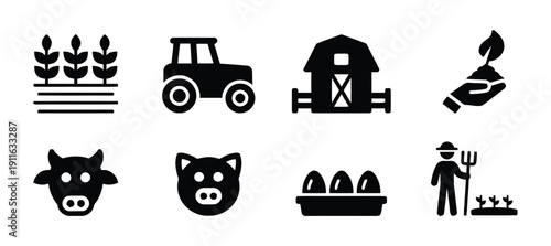 Farm and agriculture icons including crops, animals, and farming equipment