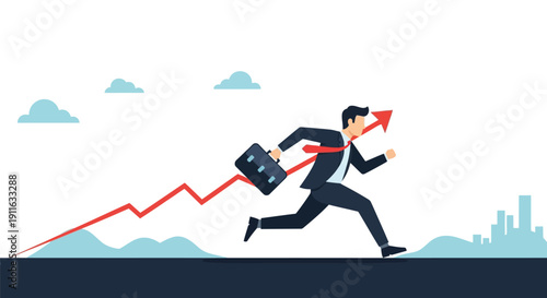 Ambitious Businessman Running Upwards on a Financial Growth Chart Arrow. Corporate Success, Progress, and Business Goals Achievement Concept.