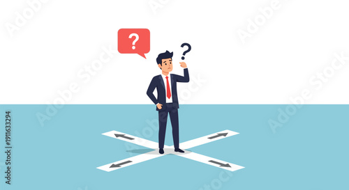 Confused Businessman at Crossroads: Decision Making, Career Choice, and Direction Dilemma. Puzzled man standing on arrows choosing path.