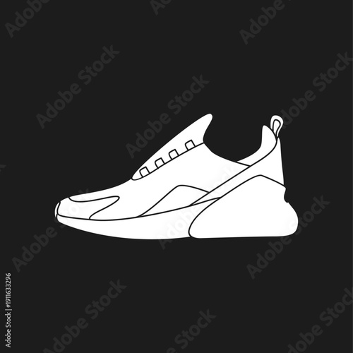 Modern Athletic Sneaker Vector Illustration. Minimalist White Outline Running Shoe Icon on Black Background. Contemporary Sport Footwear Design.