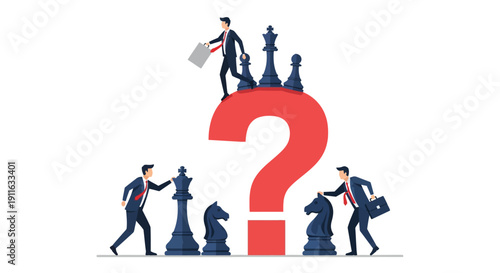 Business Strategy Challenge: Problem Solving and Decision Making. Miniature Business People Navigating Chess Pieces on a Question Mark.